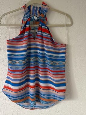 Veronica M Multicolor Striped Halter Tank — Blue & Red & Tan